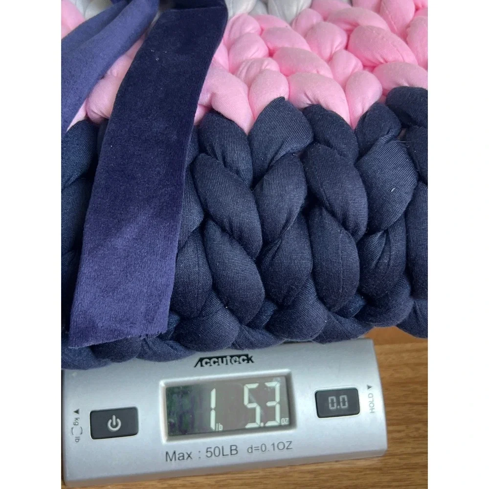Thread the‎ Gnar Handwoven Chunky Knit Tote Bag Grey Pink Navy Blue Velvet Bow
